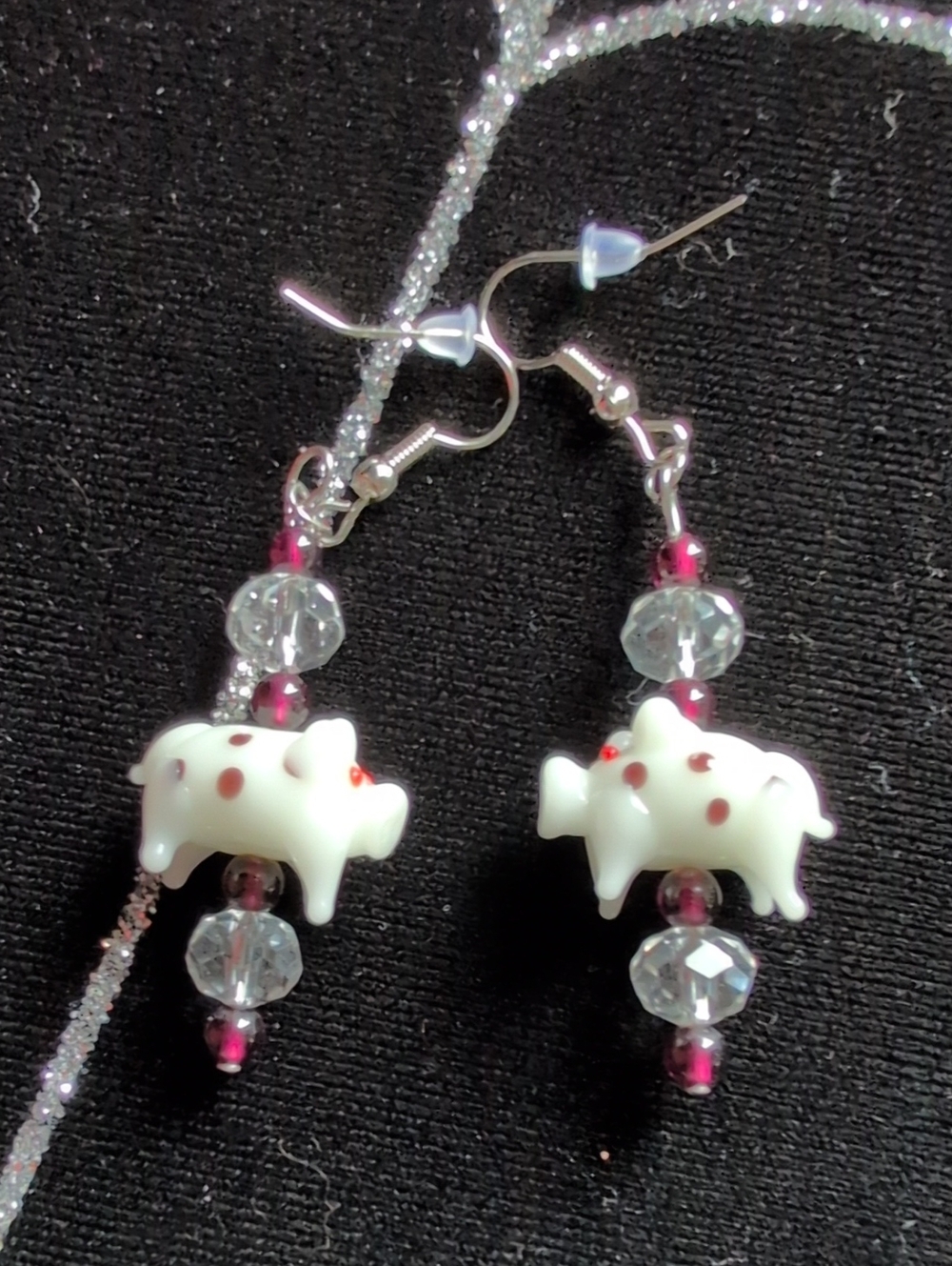 White Pig Glass Crystal Bead Dangle Earrings - Handmade